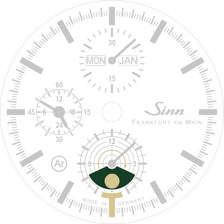 Detail of a Sinn hunting watch dial showing the moon phase display with the full moon highlighted in the lower moon phase window.